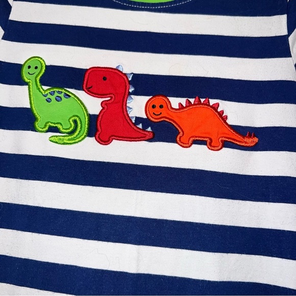 Smocked Polkadot Striped Blue white Green dinosaur appliquéd romper sz 3 *play* - Picture 5 of 5
